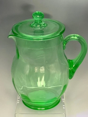 Vaseline Uranium Glass Pitcher with Lid Vintage Water Pitcher 8" Depression Era