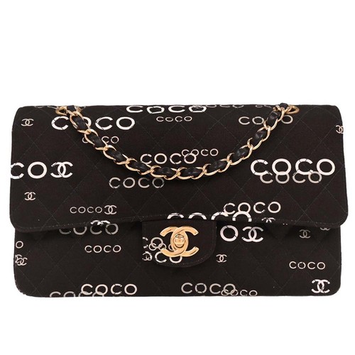 Chanel Black Canvas COCO Medium Classic Double Flap Shoulder Bag 195963