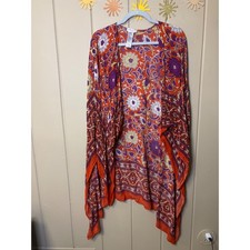 Free People Magic Dance Border Print Kimono Orange Purple Floral Lightweight