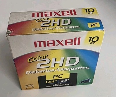 Maxell Color MF2HD 3.5 Inch Floppy Disks 1.44MB PC 10 Pack Unused Open Box