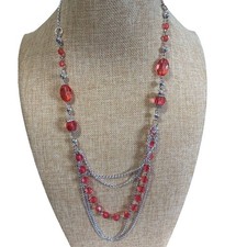 Unbranded Red Beaded Silver Tone Multi Strand Layered Statement Necklace