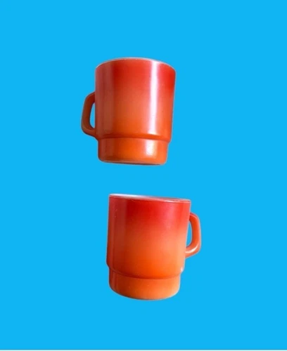 VINTAGE COLLECTIBLE RARE 1970s FIRE KING BRIGHT ORANGE STACKING MUGS SET OF 2