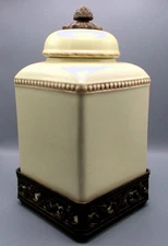 GG Collection 13.5" Cream Ceramic Canister Acanthus Leaf Metal Base #31585