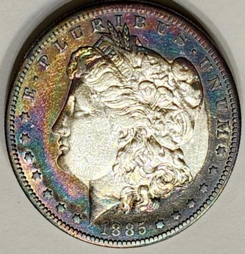 1885-S Rare Date Morgan Dollar High Grade Monster Reverse Rainbow Toned