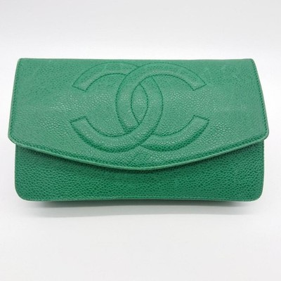 Chanel Coco Mark Leather Pouch Green Vintage Cosmetic Bag