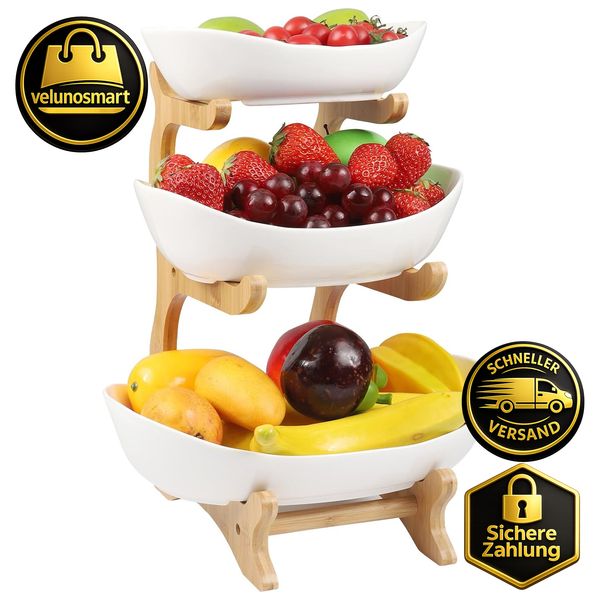 Obstschale Etagere 3-StöCkig Keramik Mit HolzstäNdern FüR KüChe Dekoration-image
