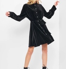 Zara Black Velvet Velour Short Mini Shirt Button Up Dress Belt Toe L long Sleeve