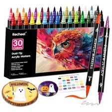 Acrylic Paint Markers, Dual Tip Fine and Brush Tips for Detailed Art, 30 Colors