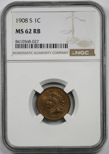 1908-S 1C NGC MS 62 RB Red Brown Indian Head Penny