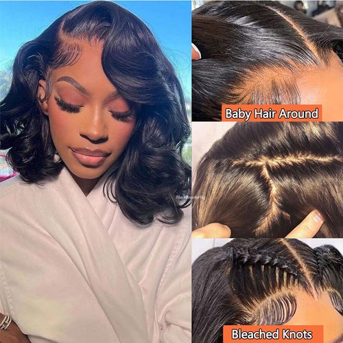 Short Wavy Silk Top Full Lace Human Hair Wig Bleached Knots 5x4.5 Silk Base Wig - Picture 2 of 12