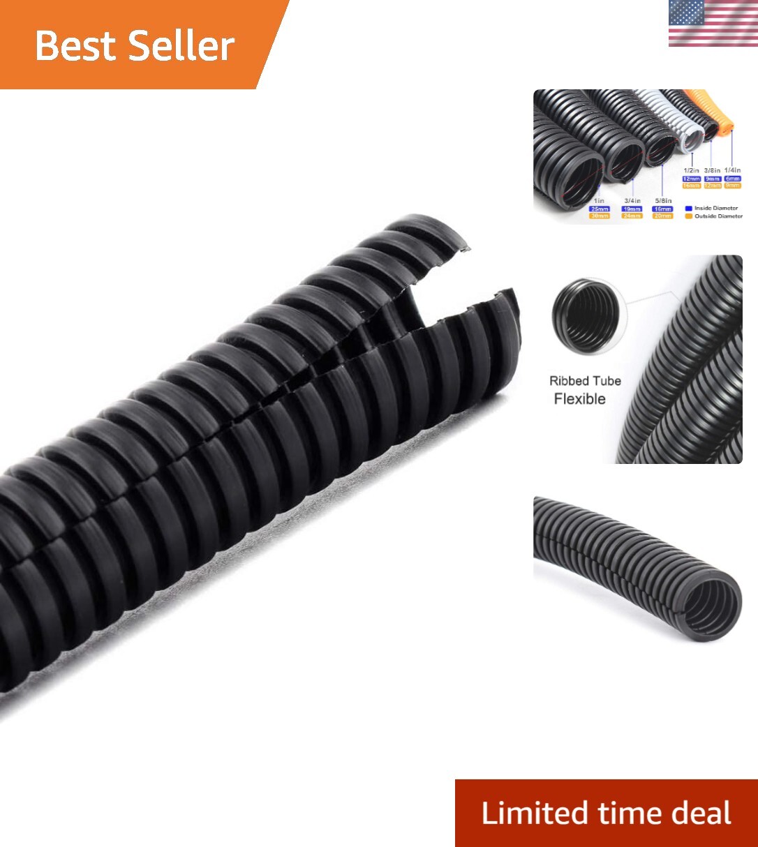 20FT 1” Wire Loom Split Tubing Auto Wire Conduit Flexible Cover