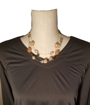 Peach Clear Brown Chunky Statement Necklace Beaded  Rhinestones Triple Layered