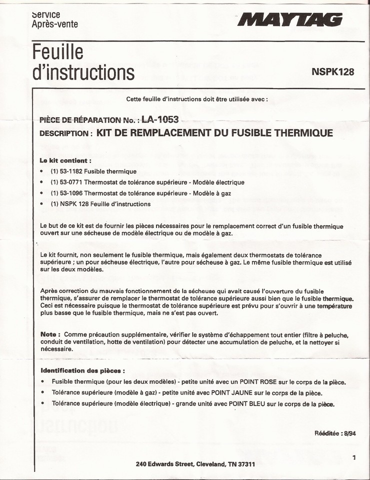 530771 ELECTRCI DRYER HIGH LIMIT THERMOSTAT MAYTAG MAGIC CHEF JENNAIRE