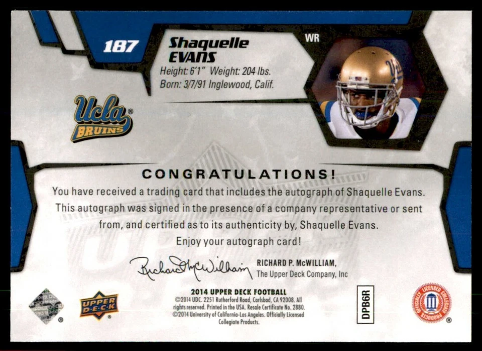 Shaquelle Evans 2014 Upper Deck Star Rookies Autograph #187 UCLA Bruins Insert - Image 2 of 2