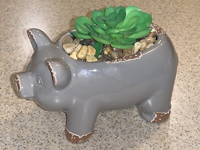 Pig Gray Ceramic w Faux Succulent Planter 5''  Home Decor Rustic Farmhouse