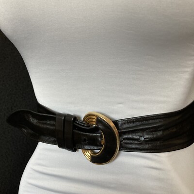 1980s Vtg Black Leather Womens Belt Gold Tone Oval Buckle Sz  display picture 3
