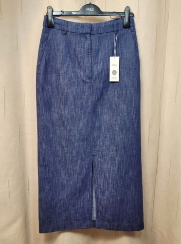 M&S Linen blend DENIM Front Split MAXI Column SKIRT ~ Size 10 ~ BLUE - Picture 8 of 8