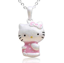 Pink Bow Silver Cat Adorable 3D Hello Kitty Kitten Pendant Chain Necklace