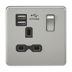 13A 1G Screwless Brushed Chrome 1G Switched Socket & Dual 5V USB Charger Ports
