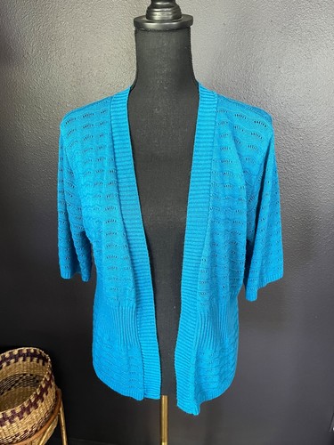 Kim Rogers Y2K Open Front Bolero Shrug Sweater XL Blue Teal Preppy Cozy Layer - Picture 2 of 8