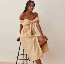 Reformation Barrington 100% Linen Off Shoulder Striped Button Down Midi Dress