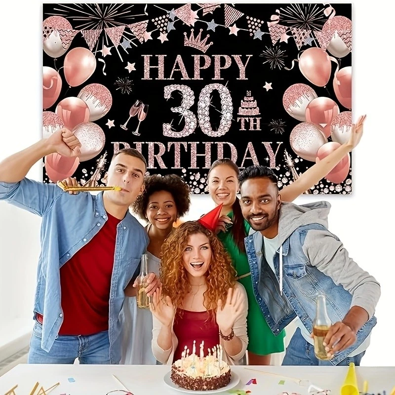 30th Rose Gold Birthday Party Backdrop Rose Gold Glitter Balloons Happy Birthday - Image 4 of 4