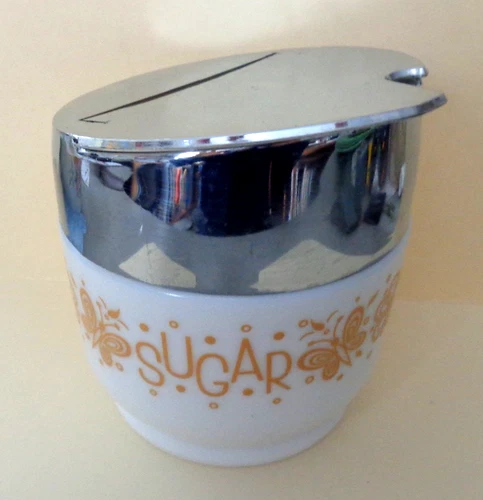 Vintage GEMCO Milk Glass Butterfly Gold Sugar Bowl Flip Lid USA  FAST SHIPPING