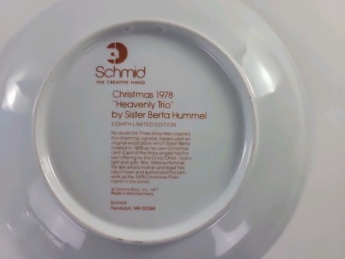 Vtg Schmidt Christmas 1978 Heavenly Trio By Berta Hummel Decorative Plate 7.75" - Picture 3 of 4