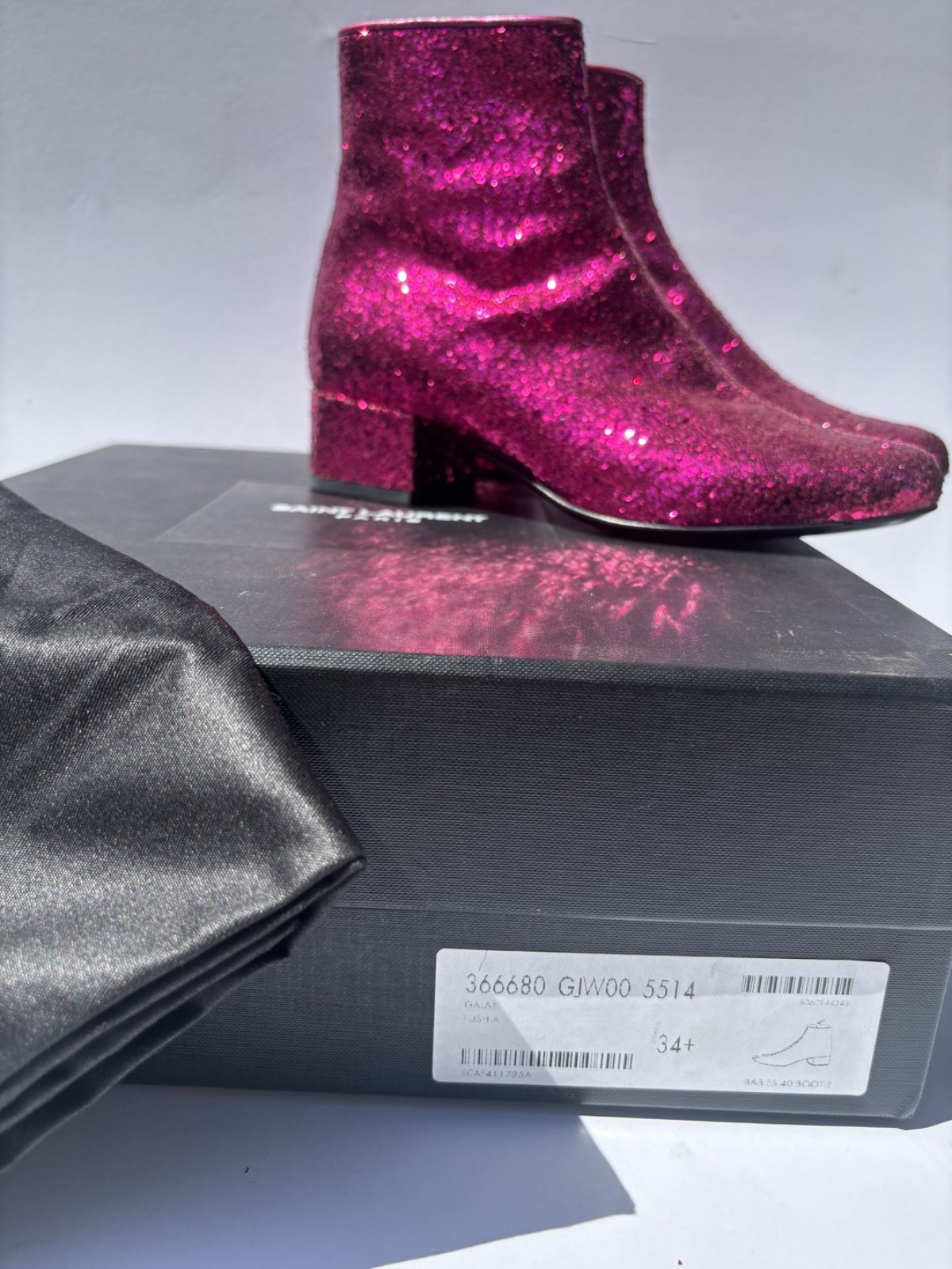 BNWB SAINT LAURENT PARIS Glitter Side Zip Short Boots Pink 34.5 T image 3