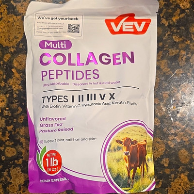 VEV Multi Collagen Peptides Types I II III V X Unflavored HA+Vit C 1 lb