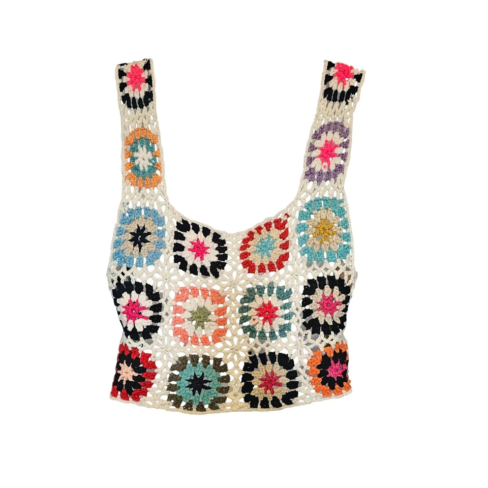 Top Corto Crochet Abuela Cuadrado Sin Mangas Colorido Festival Boho Tank Talla Pequeña Foto 2 de 4