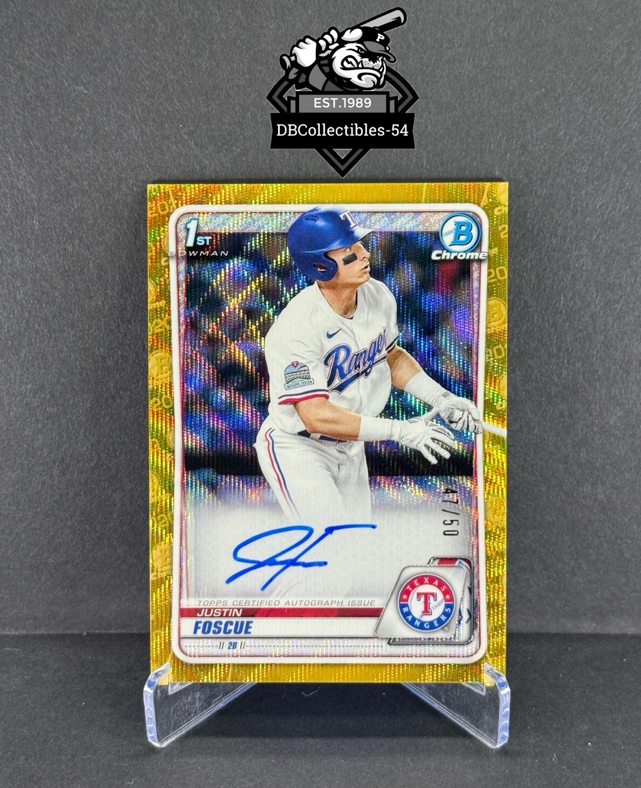 2020 Bowman Draft Justin Foscue 1st Gold Wave Auto 47/50 Texas Rangers