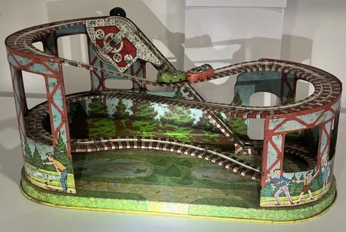 Vintage 1950's J. Chein & Co. Tin Wind Up Roller Coaster Toy Ski Ride, W/2 CARS