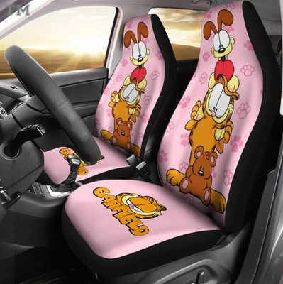 Kawaii Stacked Orange Cat Puppy & Teddy Bear Car Seat Covers, Pink Paw Print Car
