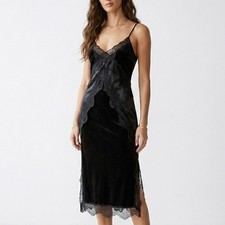 Black Velvet Satin Lace Slip Midi Dress Sz 4 Gothic Fairy Grunge Formal Y2K