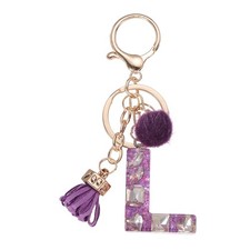 Initial Letter Keychain, Cute Alphabet Letter-L Charm with Tassel Ball, Purple
