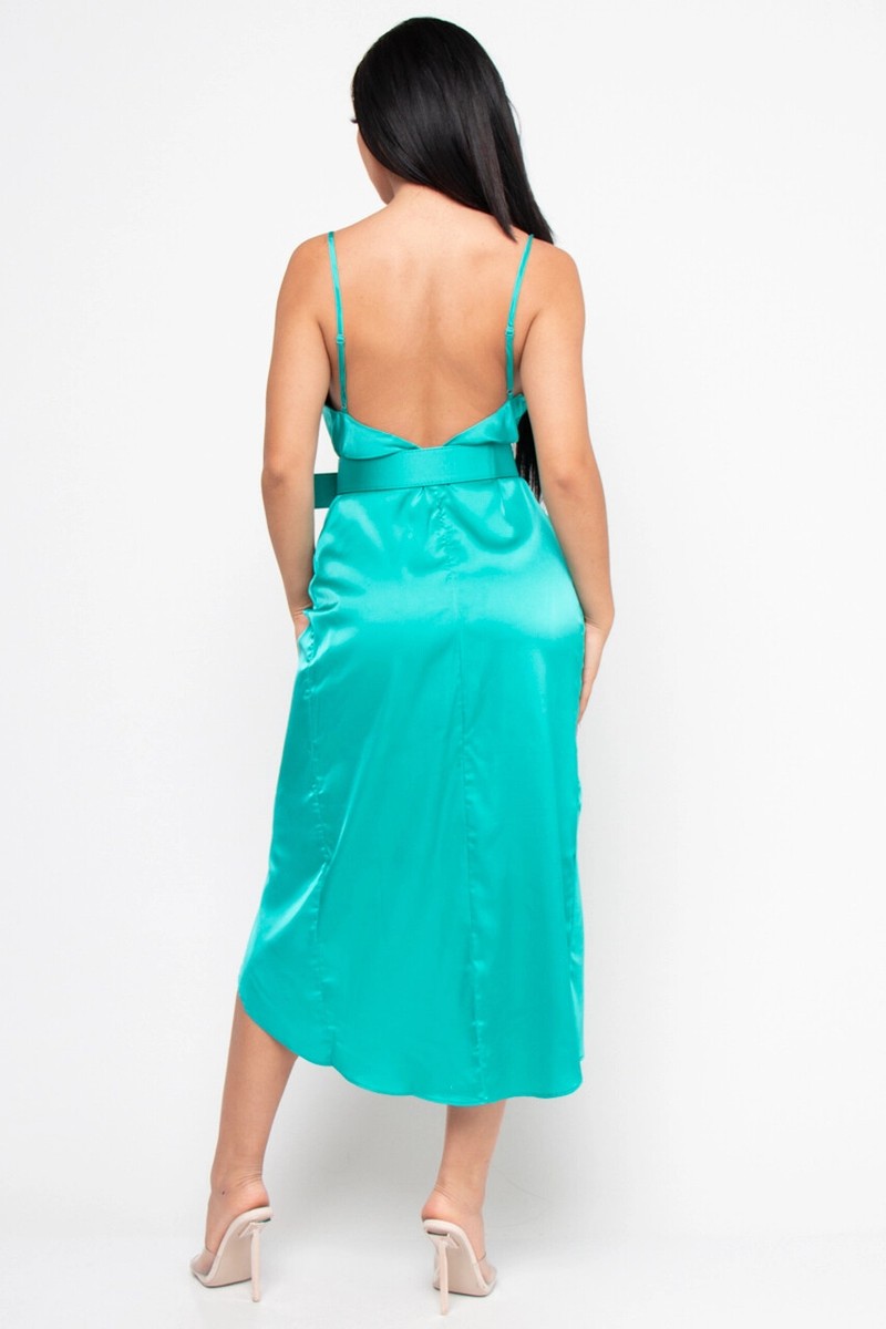 jade green satin dress Jade Green Satin Midi Maxi Dress with Belt Size Small Spaghetti Strap