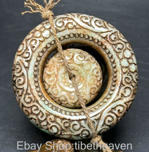 2.2" Chinese Emerald Jade Jadeite Carving Mother Son Statue Ping Buckle Pendant - Picture 2 of 9