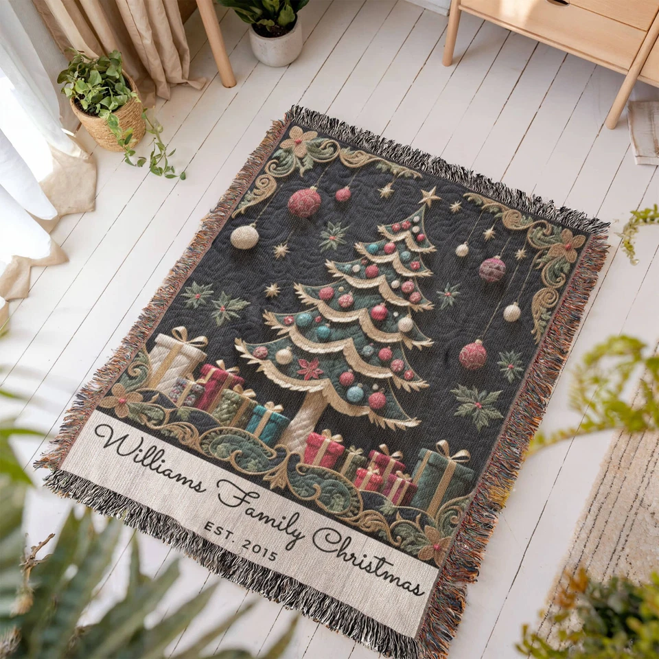 Custom Family Name Christmas Tree Woven Blanket Throw Tapestry Keepsake Gift - Image 4 of 4