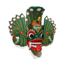 Sri Lankan Handmade Wood Wall Hang Home Decor Peacock Tiki Mask Sculpture 10"
