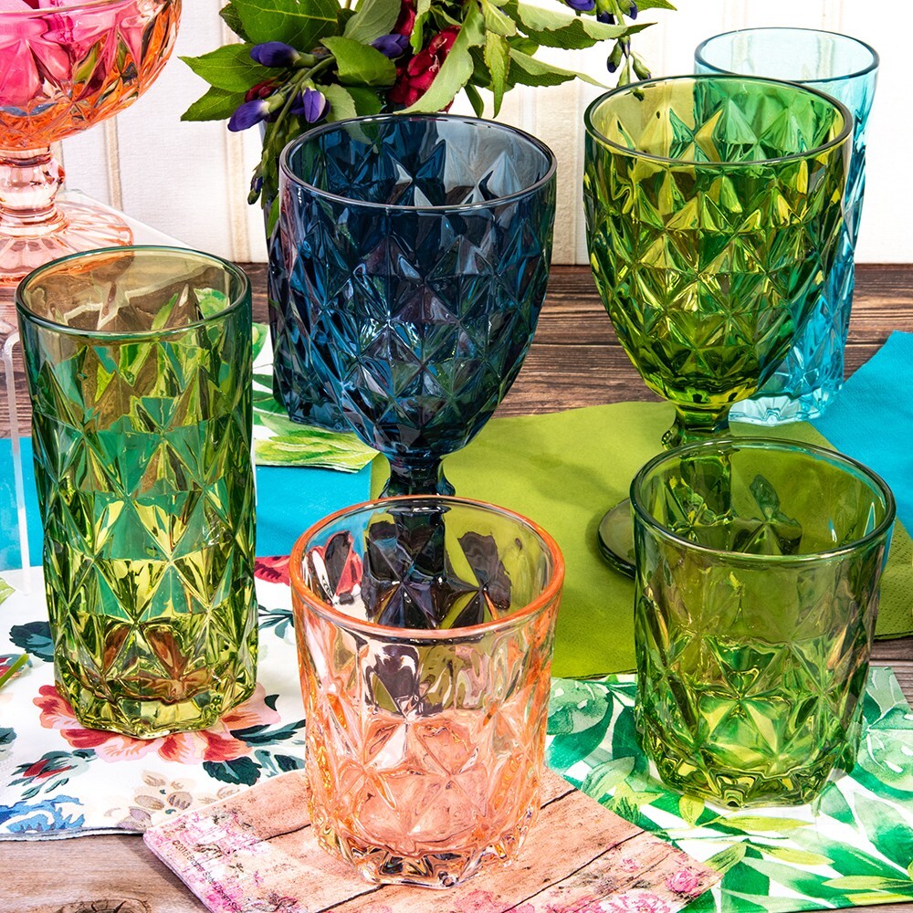 SET OF 6 Olive Green Goblet Wine Glasses 11 fl oz Faceted Wine Glasses