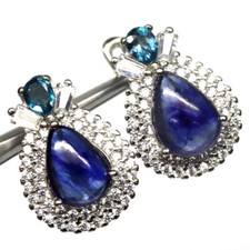 Blue Sapphire Drop Earrings 925 Sterling Silver Pear Cabochon CZ Halo