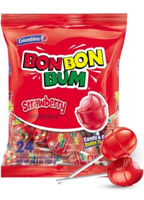 Colombina Bon Bon Bum Fresa Strawberry Bubble Gum Pops 24 Lollipops