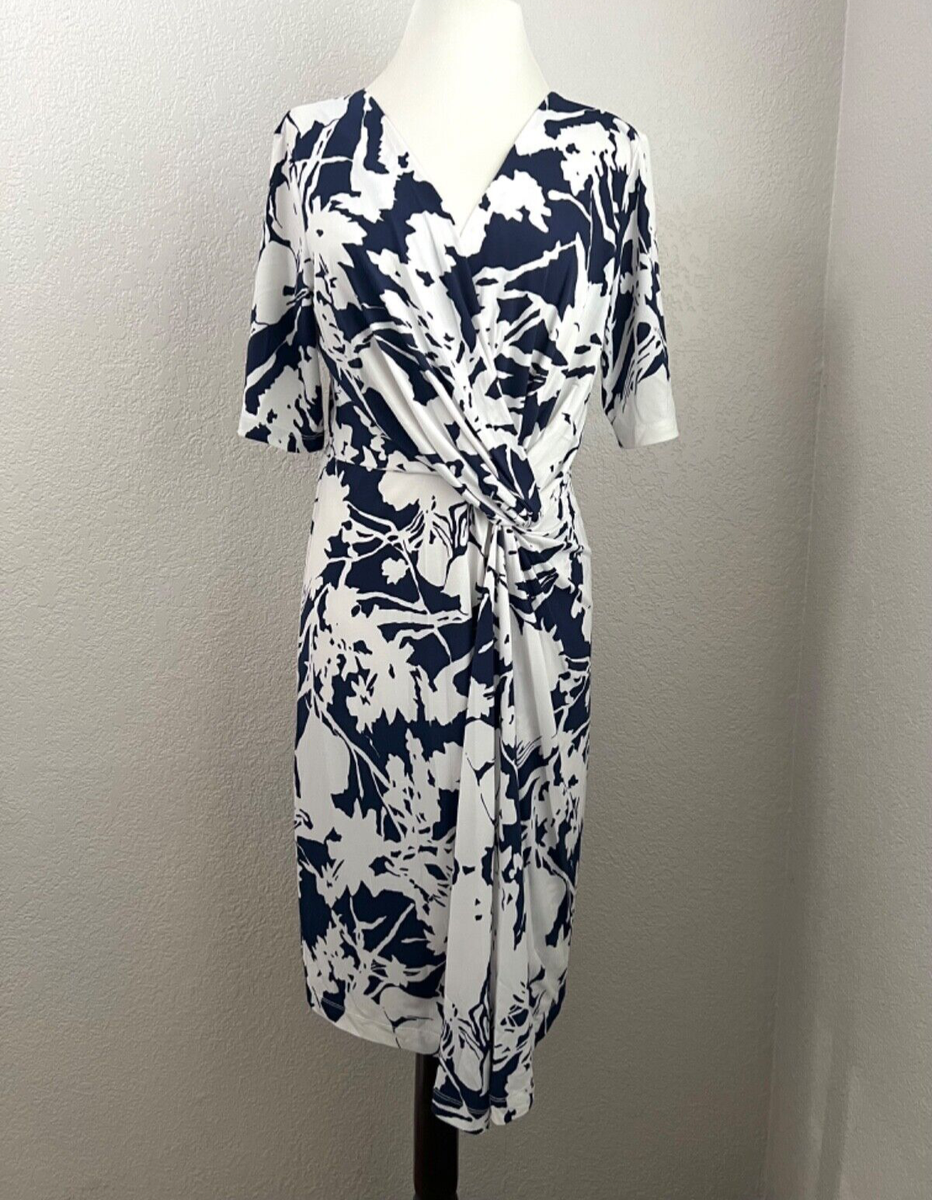 Adrianna Papell Navy Blue White Floral Short Sleeve Casual Midi Dress sz S