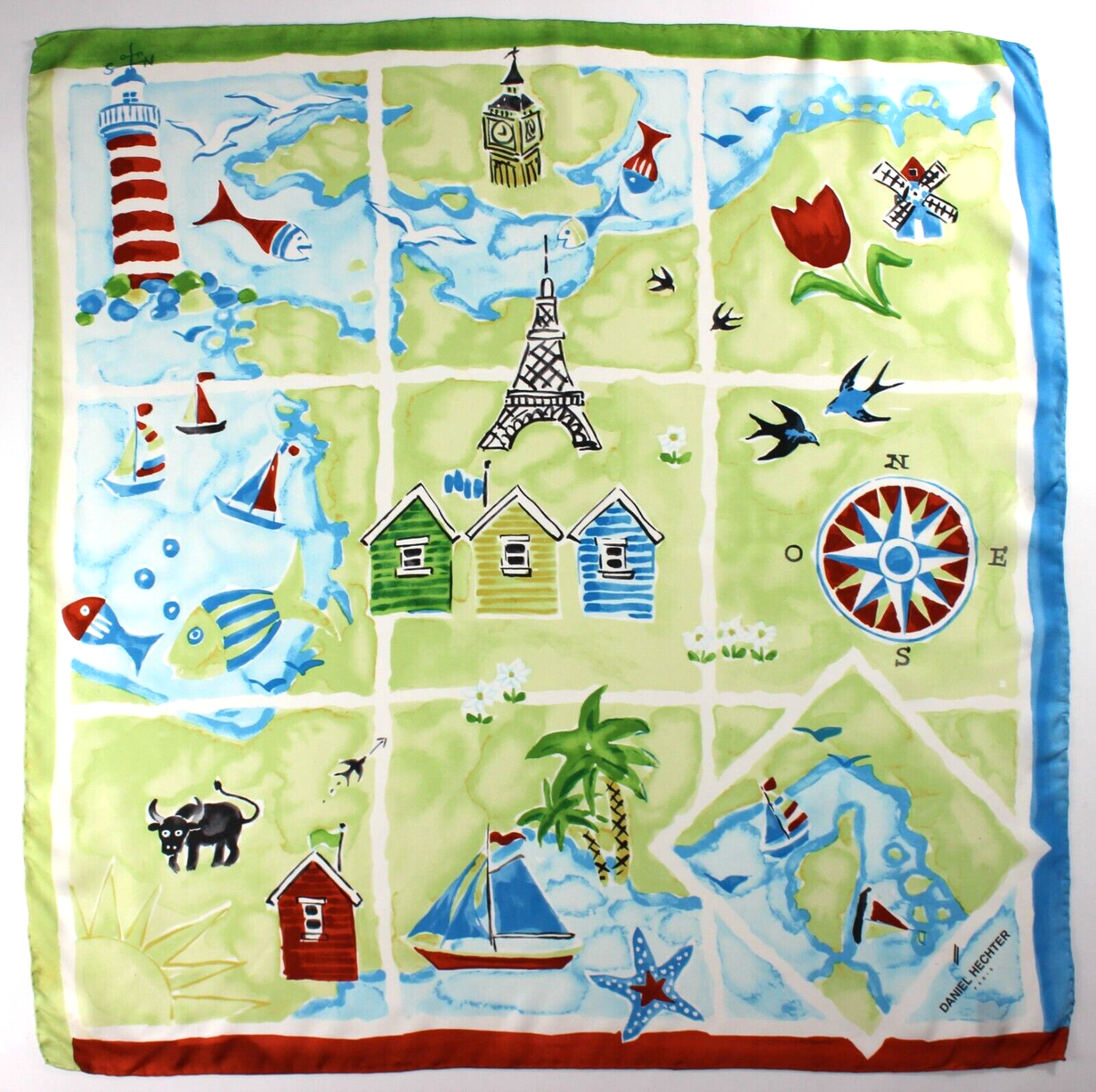 Foulard Vintage En Soie Daniel Hechter - Foulard Carré Multicolore Motifs Géométriques, Fait Main En Italie, Occasion Très Bon état
