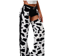 Women's Cow Print Flannel Western Riding Chaps Side Fringe Tassel Cowgirl Costum
