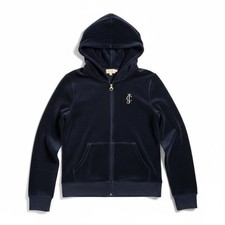 Juicy Couture Vintage Y2K Velour Hoodie Zip Up Jacket Navy Blue Logo Women's XL