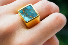 925 Sterling Silver Gold Vermeil Blue Copper Turquoise Signet Ring Men's Square