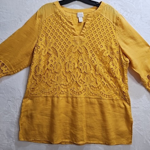 Chico's Blouse Sz2 Deep Yellow Lace Overlay Y2k Fairy Boho Hippie cottage Core - Picture 3 of 14