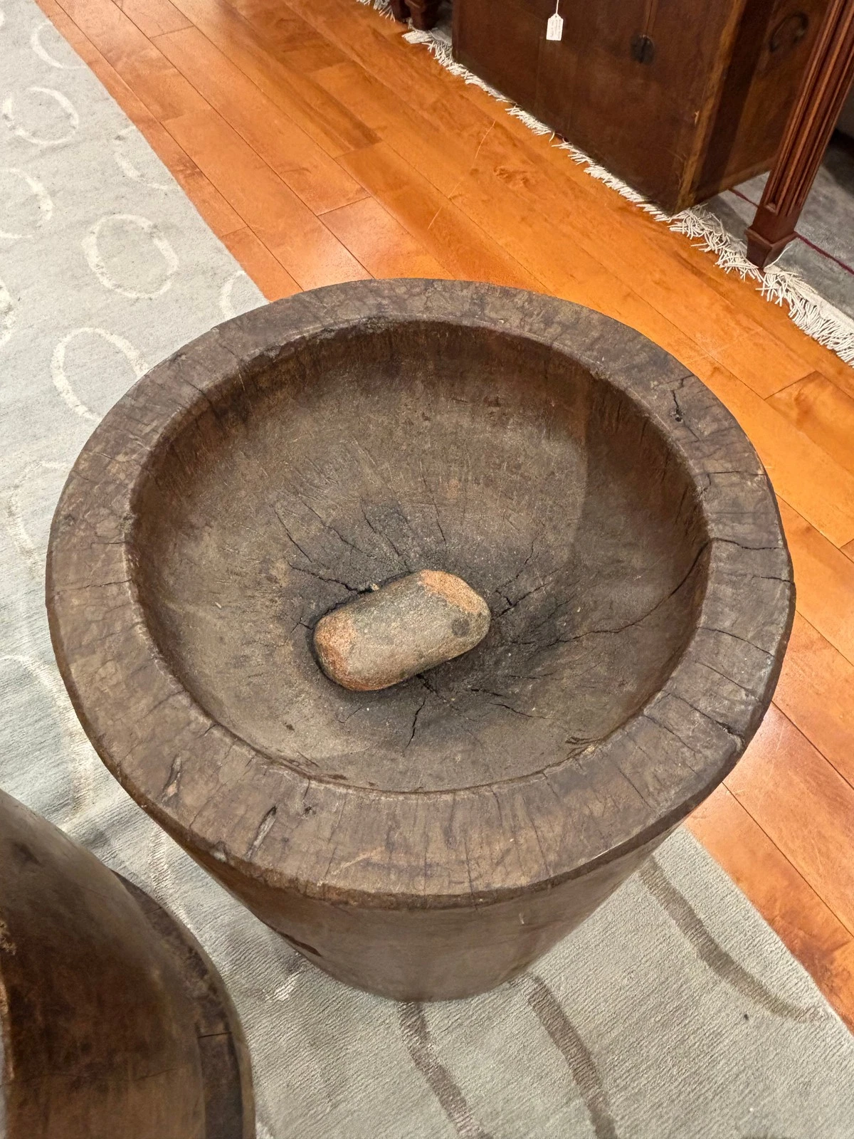 Primitive Hand-Carved Hardwood Mortar with Stone Pestle